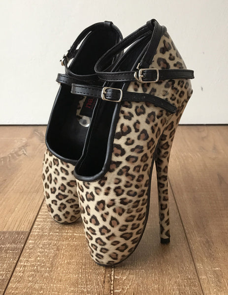 RTBU DANCE Leopard Patent Trim Burlesque 2 strap Mary Janes Fetish Ballet Pump