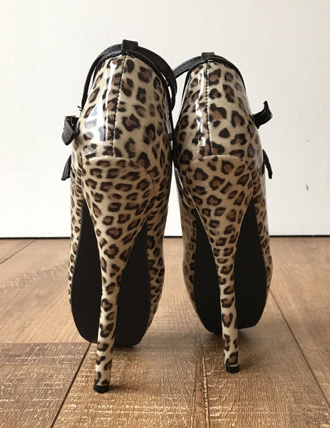 RTBU DANCE Leopard Patent Trim Burlesque 2 strap Mary Janes Fetish Ballet Pump