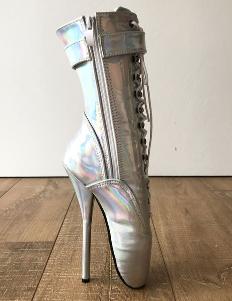 RTBU BALLET Silver Holographic Rainbow Calf Hi Fetish Boot Burlesque Dominatrix