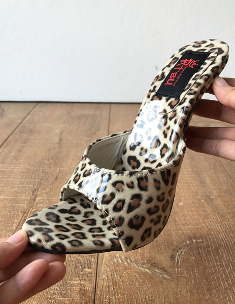 18MULE Leopard Patent Sexy Mistress Hi Heel Stiletto Fetish Slipper Slides Mule