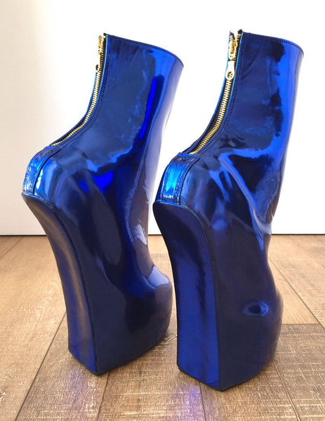 Fetish Stallion Horse Pony Hoof Sole Metallic Cobalt Blue Ankle Boots Golden Zip