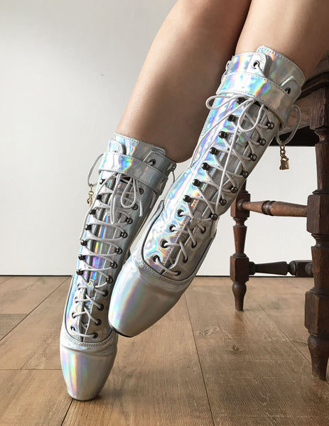 RTBU BALLET Silver Holographic Rainbow Calf Hi Fetish Boot Burlesque Dominatrix