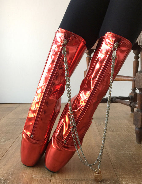 RTBU KEEPLOCK Chained Fetters Lockable Zip Ballet Wedge Fetish Hoof Metallic Red