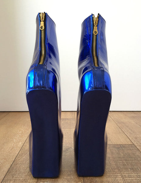 Fetish Stallion Horse Pony Hoof Sole Metallic Cobalt Blue Ankle Boots Golden Zip