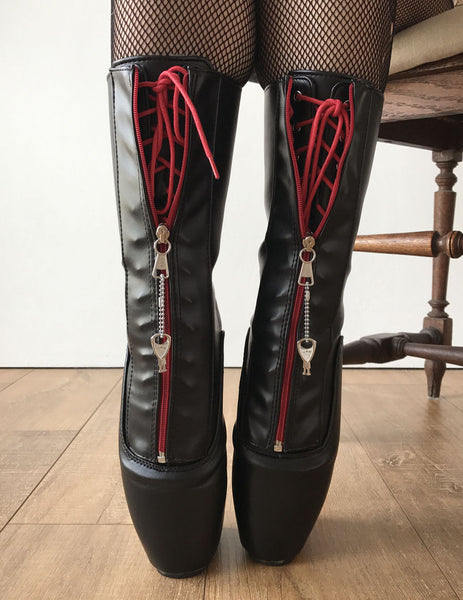 RTBU TABOO Red Lockable Zip Ballet Hidden Red Lace Wedge Fetish Submissive Boot