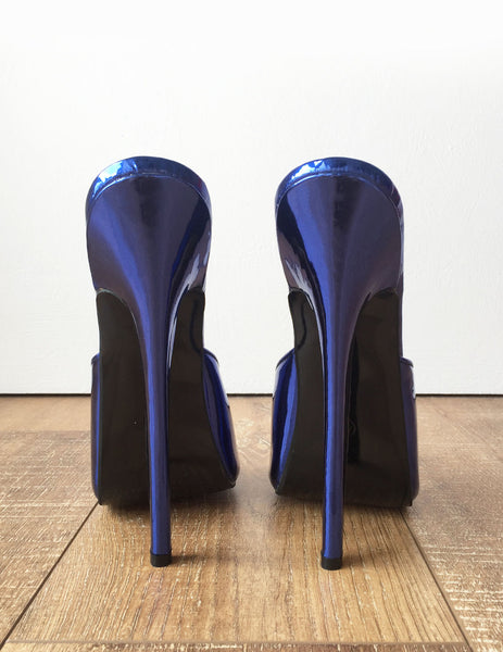 18MULE Blue Metallic Sexy Mistress Hi Heel Stiletto Fetish Slipper Slides Mule