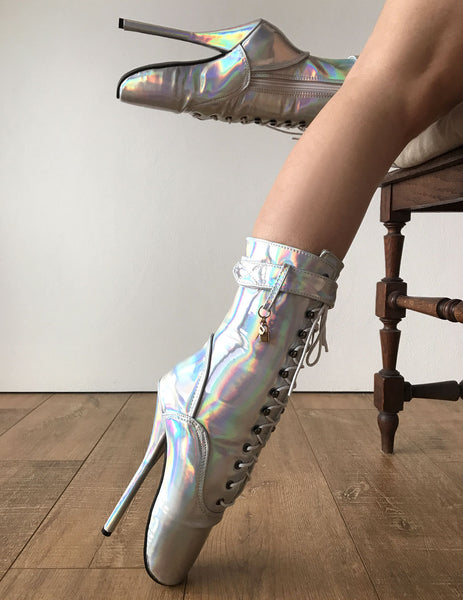 RTBU BALLET Silver Holographic Rainbow Calf Hi Fetish Boot Burlesque Dominatrix