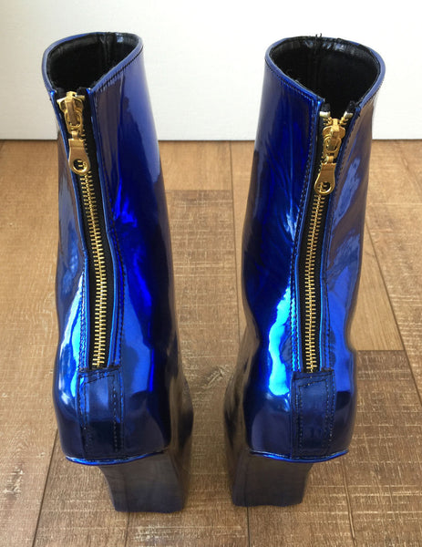 Fetish Stallion Horse Pony Hoof Sole Metallic Cobalt Blue Ankle Boots Golden Zip