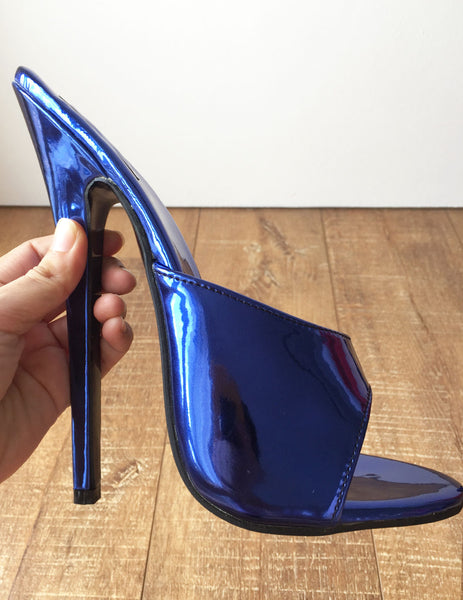 18MULE Blue Metallic Sexy Mistress Hi Heel Stiletto Fetish Slipper Slides Mule