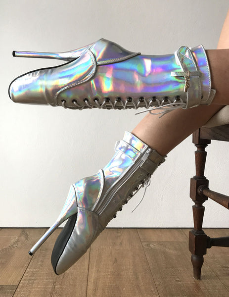 RTBU BALLET Silver Holographic Rainbow Calf Hi Fetish Boot Burlesque Dominatrix