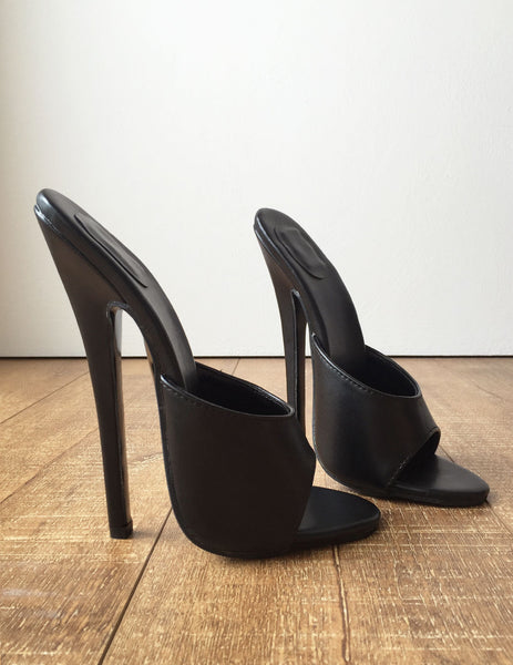 18MULE Sexy Mistress Hi Heel Stiletto Fetish Slipper Slides Mule Black Matte