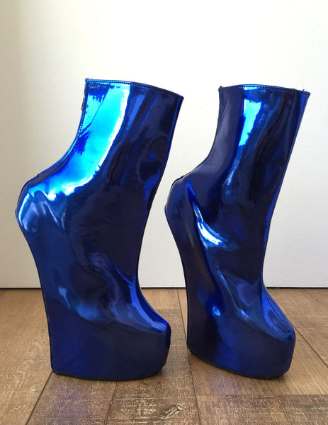 Fetish Stallion Horse Pony Hoof Sole Metallic Cobalt Blue Ankle Boots Golden Zip