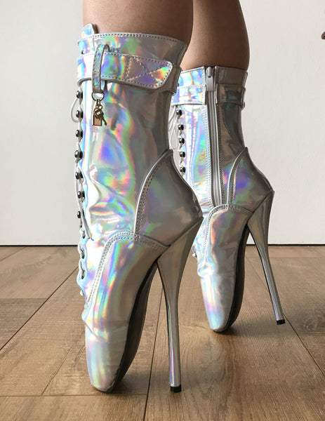 RTBU BALLET Silver Holographic Rainbow Calf Hi Fetish Boot Burlesque Dominatrix