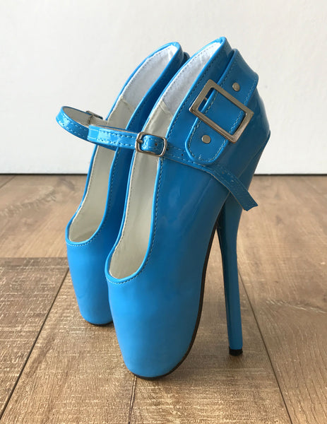 RTBU BALLET I Turquoise Patent Strap Buckle Burlesque Mary Janes Fetish Pump