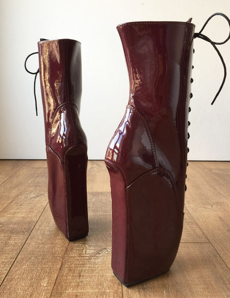 BEGIN III (No Zip) Ballet Wedge Training Fetish BDSM Submissive Burgundy Patent