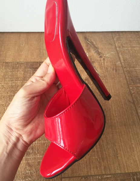 18MULE Sexy Mistress Hi Heel Stiletto Fetish Slipper Slides Mule Red Patent PU