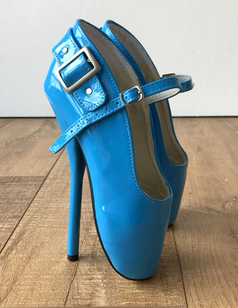 RTBU BALLET I Turquoise Patent Strap Buckle Burlesque Mary Janes Fetish Pump