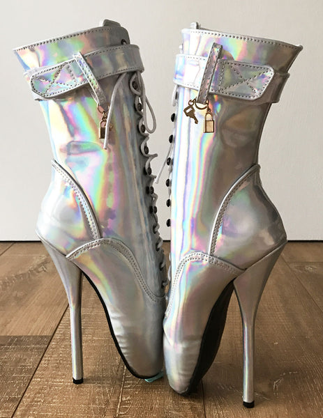 RTBU BALLET Silver Holographic Rainbow Calf Hi Fetish Boot Burlesque Dominatrix