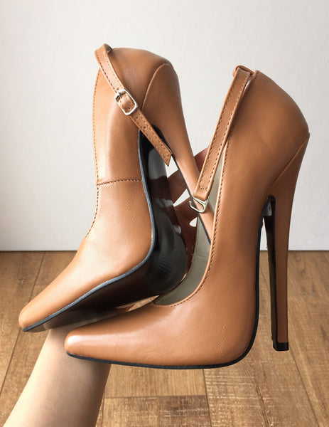 RTBU NORMA Sharp toe Mary Janes Fetish 18cm Stiletto Ankle Strap Caramel Beige