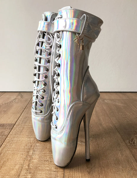 RTBU BALLET Silver Holographic Rainbow Calf Hi Fetish Boot Burlesque Dominatrix