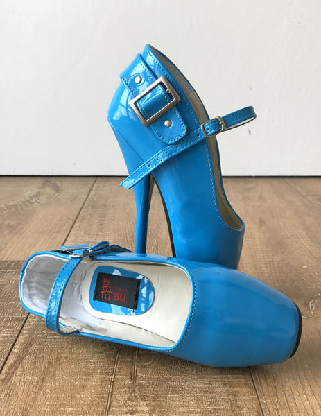 RTBU BALLET I Turquoise Patent Strap Buckle Burlesque Mary Janes Fetish Pump