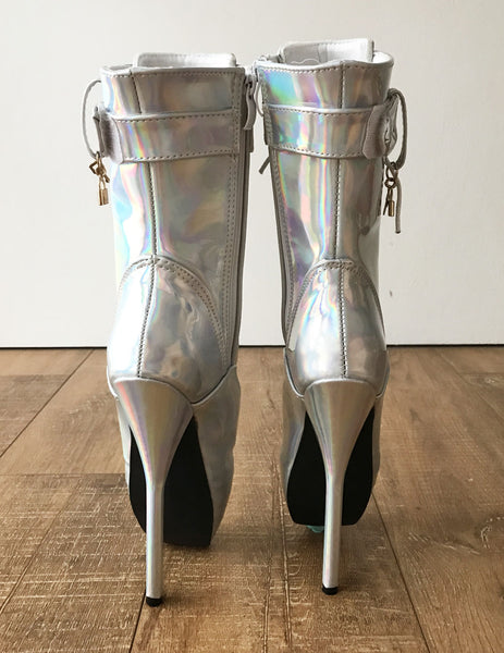 RTBU BALLET Silver Holographic Rainbow Calf Hi Fetish Boot Burlesque Dominatrix