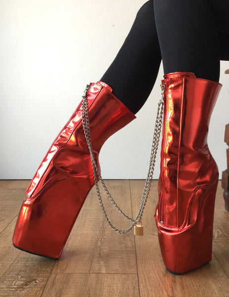 RTBU KEEPLOCK Chained Fetters Lockable Zip Ballet Wedge Fetish Hoof Metallic Red