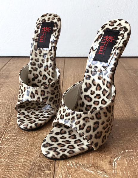 18MULE Leopard Patent Sexy Mistress Hi Heel Stiletto Fetish Slipper Slides Mule