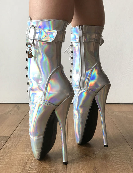 RTBU BALLET Silver Holographic Rainbow Calf Hi Fetish Boot Burlesque Dominatrix